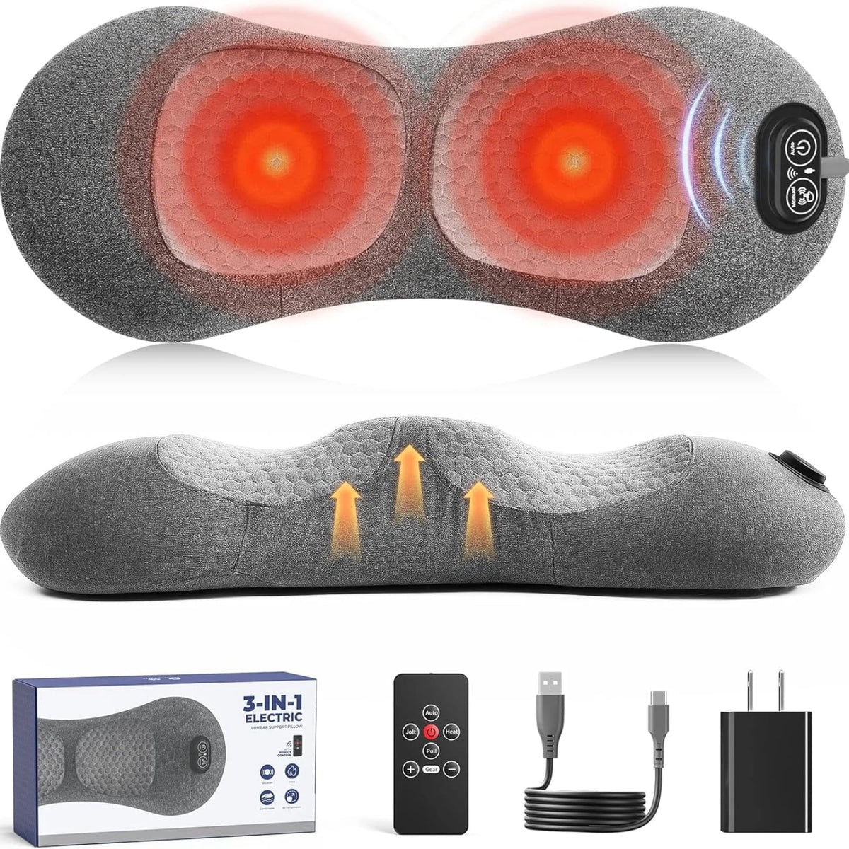 PakWizz front view of lumbar pillow showing controls and shape for posture support