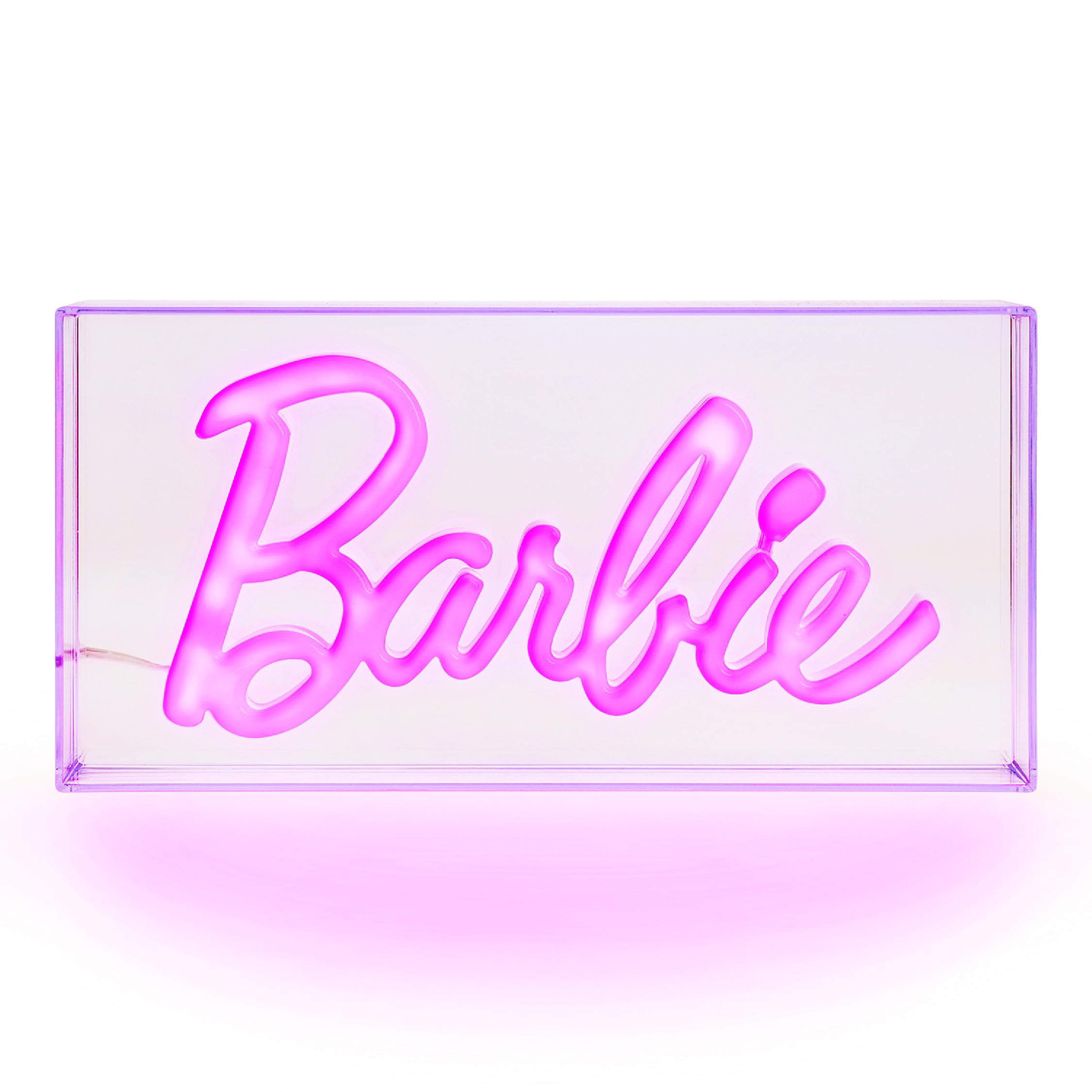 Paladone Barbie logo front view showing vivid pink glow and decor appeal