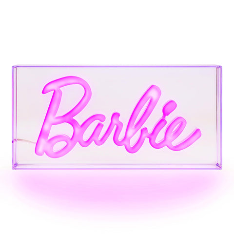 Paladone Barbie logo front view showing vivid pink glow and decor appeal