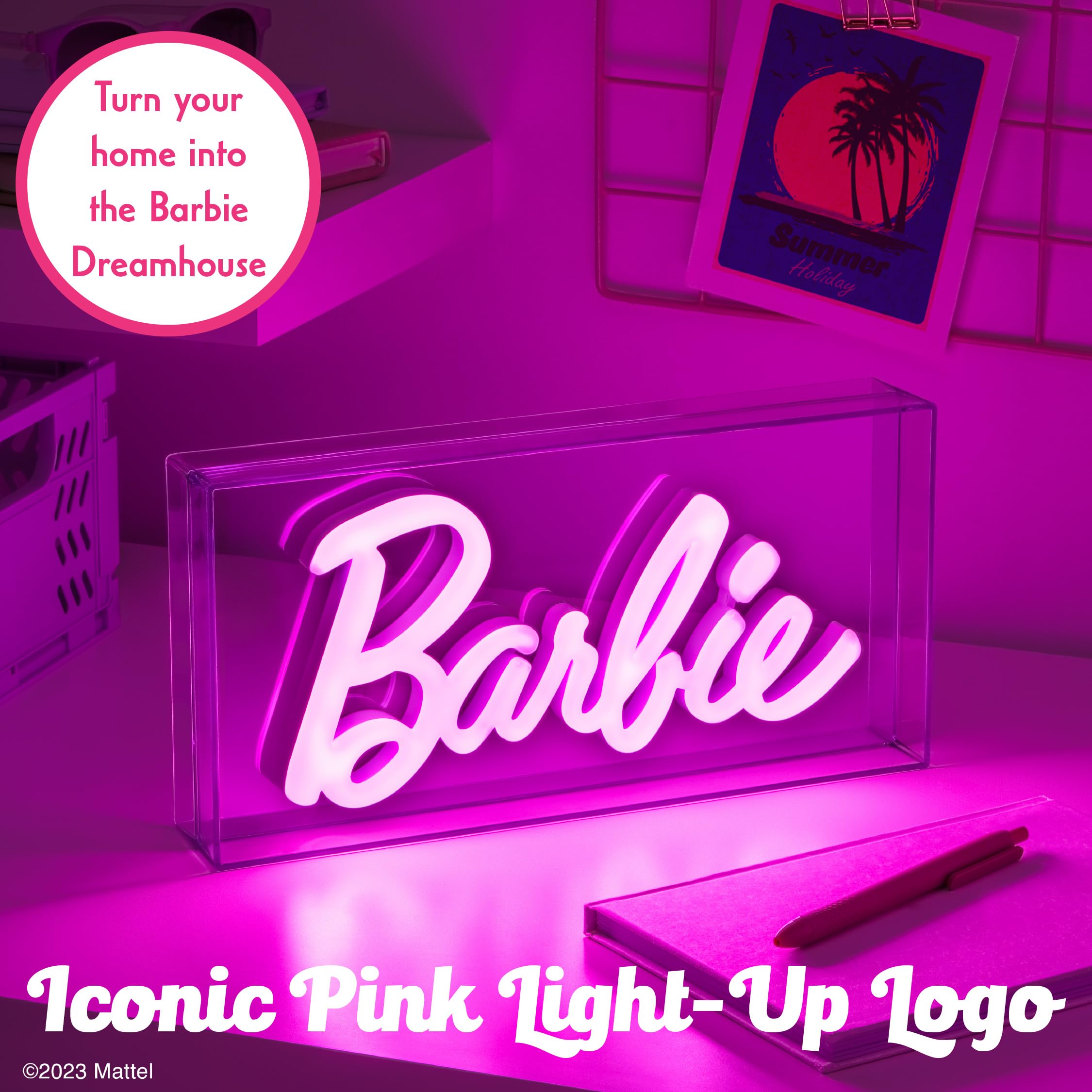 Paladone Barbie logo illuminated in bedroom setting adding playful ambiance