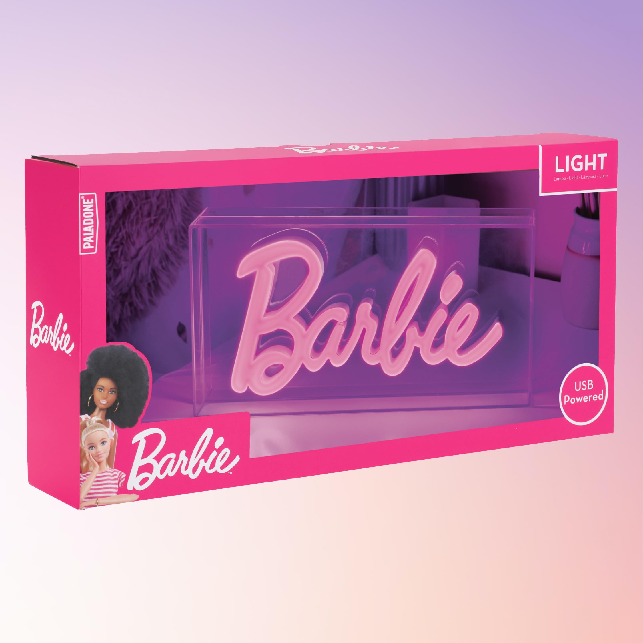 Paladone Barbie logo on shelf styled with accessories creating vibrant focal point