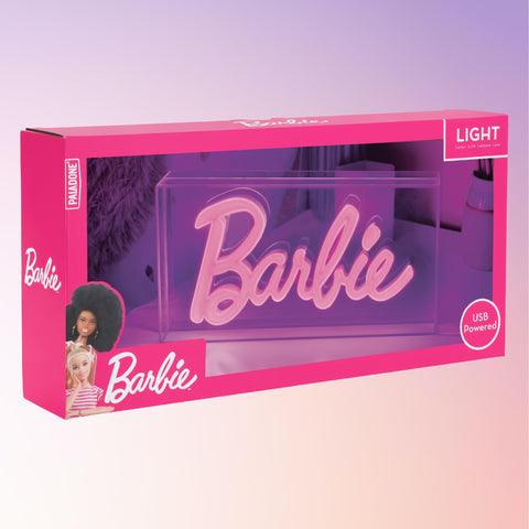 Paladone Barbie logo on shelf styled with accessories creating vibrant focal point