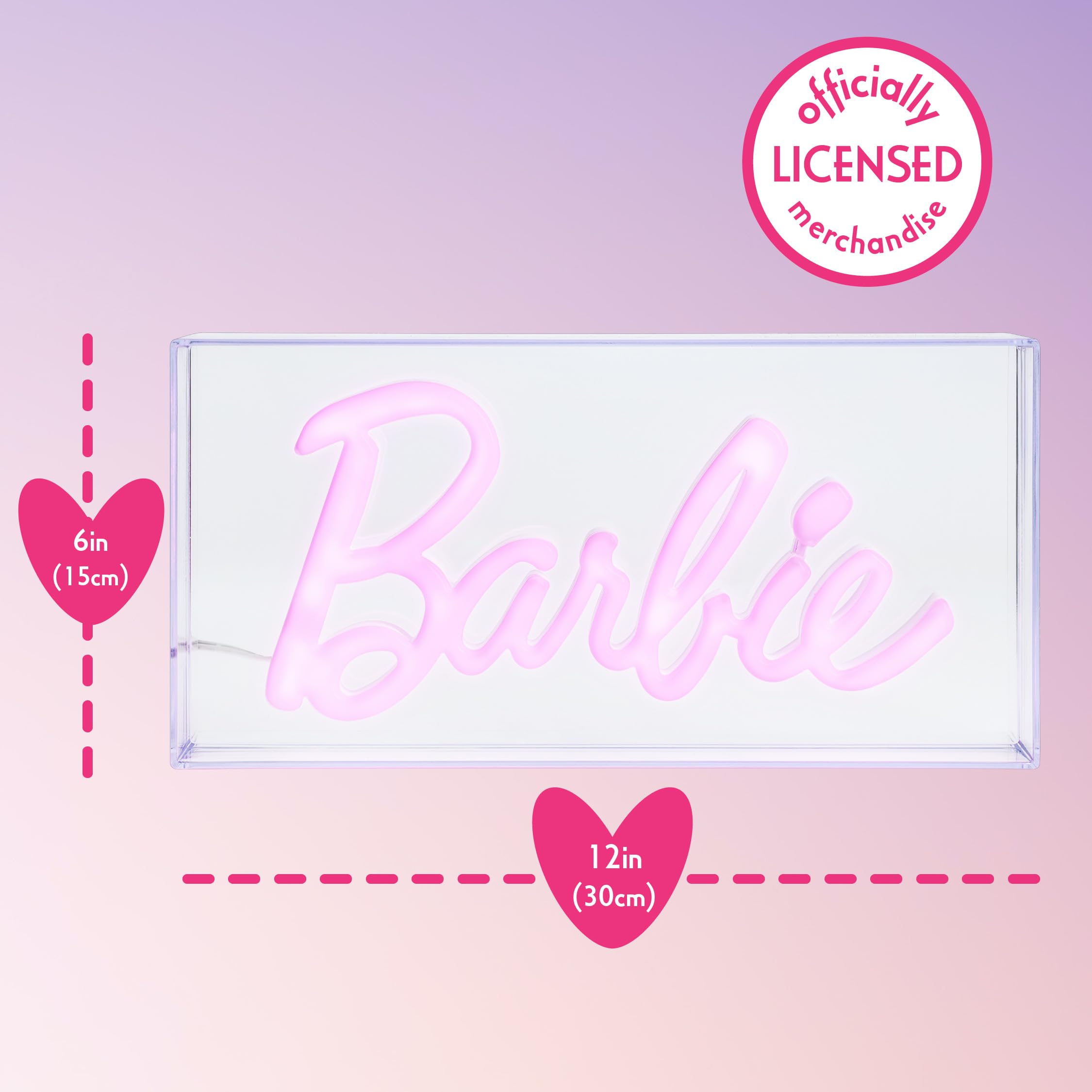 Paladone Barbie logo beside ruler for scale showing compact 6 by 12 inches