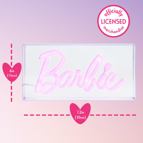 Paladone Barbie logo beside ruler for scale showing compact 6 by 12 inches