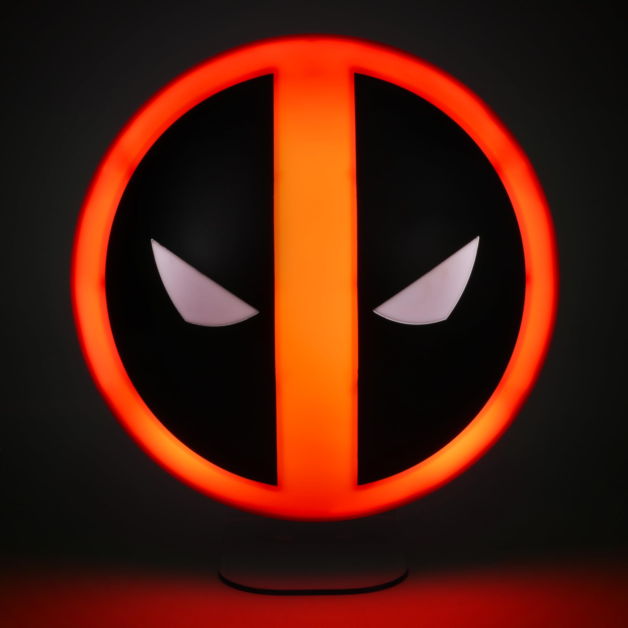 Paladone Deadpool mask on nightstand showing size comparison and bedside lighting benefit