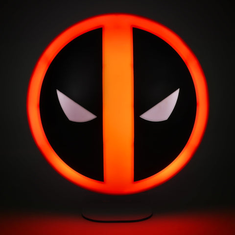 Paladone Deadpool mask on nightstand showing size comparison and bedside lighting benefit