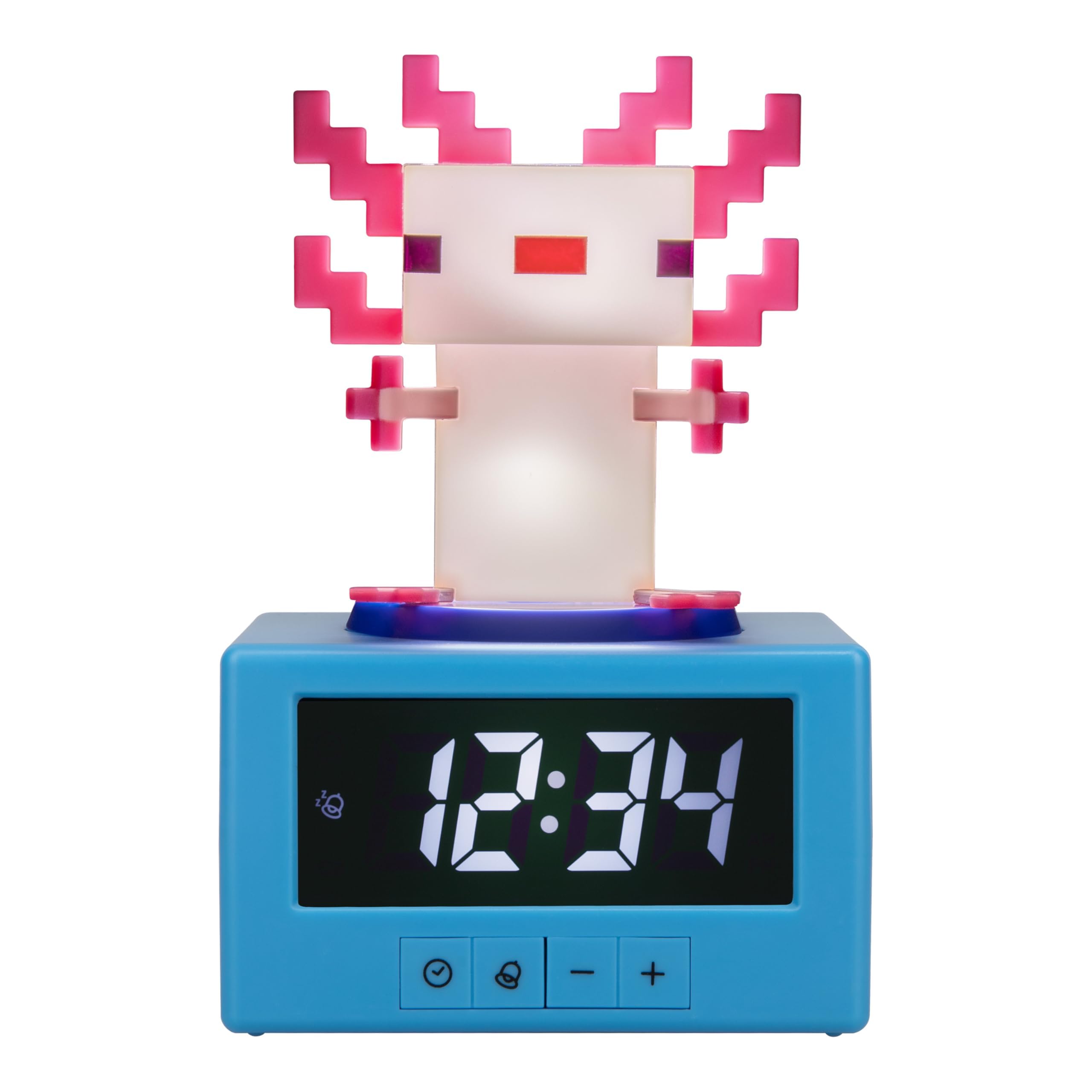 Paladone axolotl front view showing digital clock and cute design for fun decor