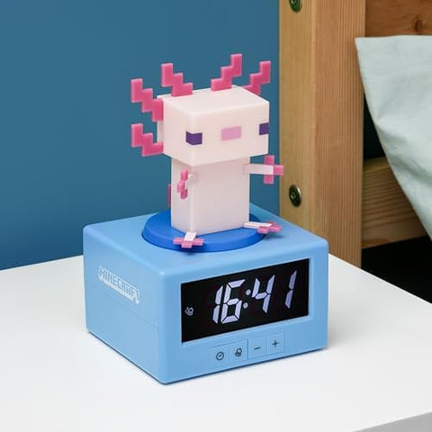 Paladone axolotl on a bedside table styled in a kid's Minecraft bedroom