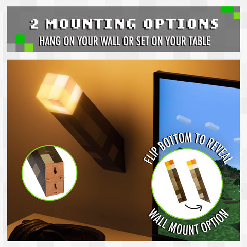 Paladone Minecraft torch in flicker mode creating warm, atmospheric lighting for gaming rooms
