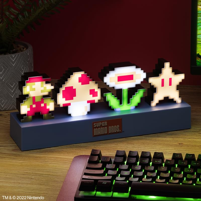 Paladone Super Mario icons close-up of illuminated detail, shows pixel-style texture