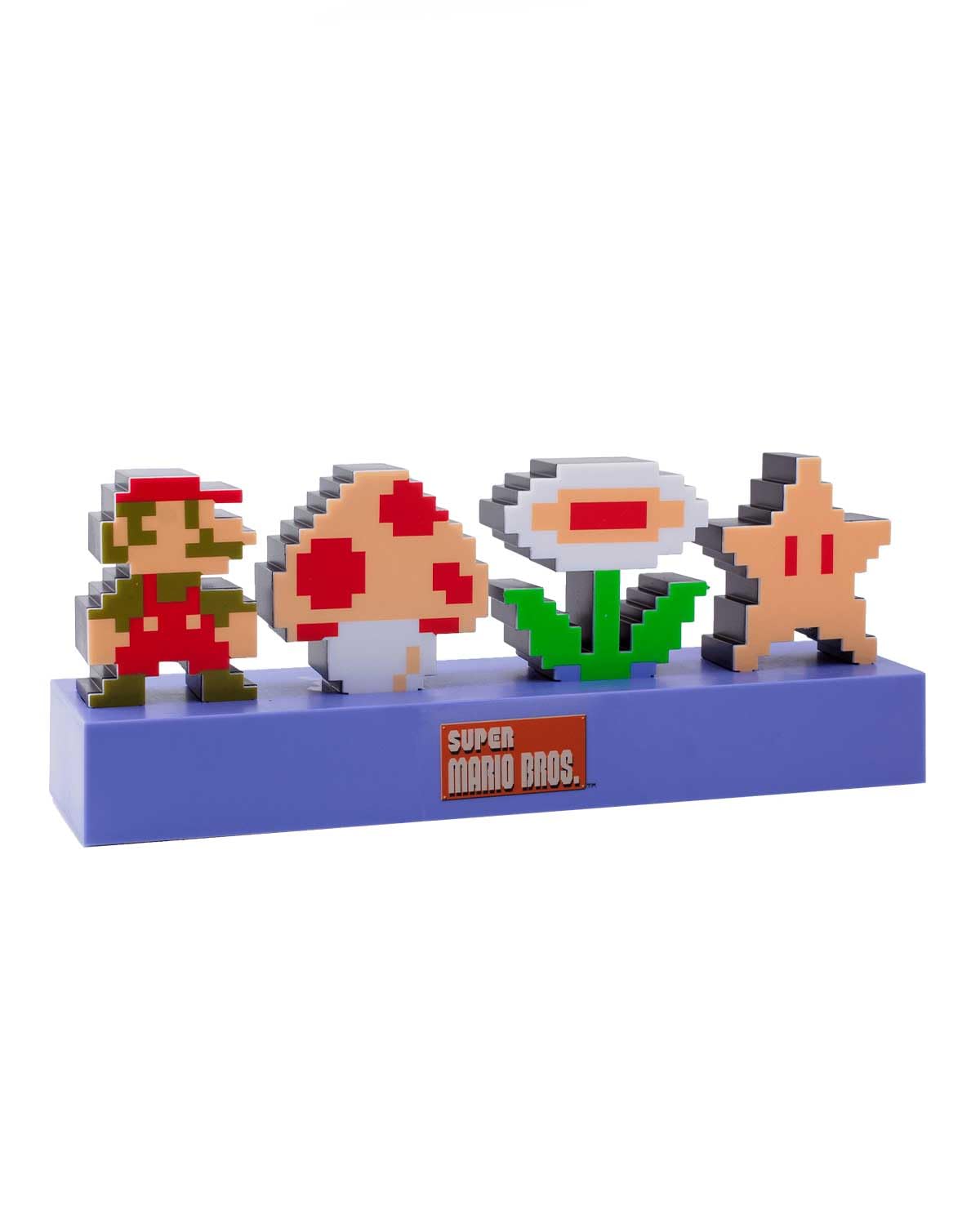 Paladone Super Mario icons front view glowing on shelf, bright collector appeal