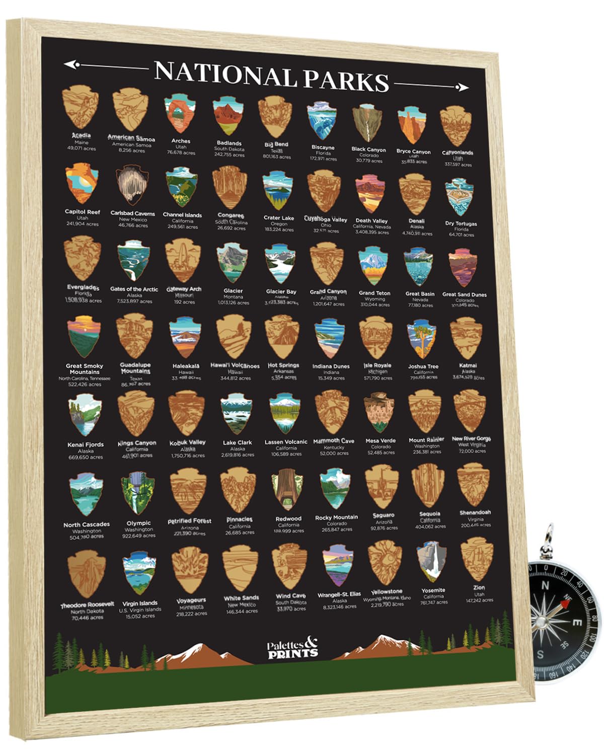 Palettes and Prints framed poster front view showing vibrant parks and ready-to-hang benefit