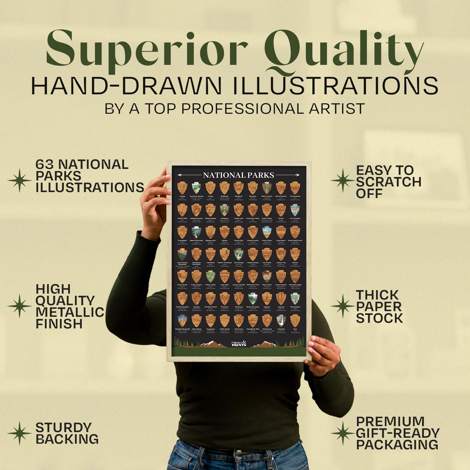 Palettes and Prints poster held in hand to show 12x16 scale and convenient wall fit benefit