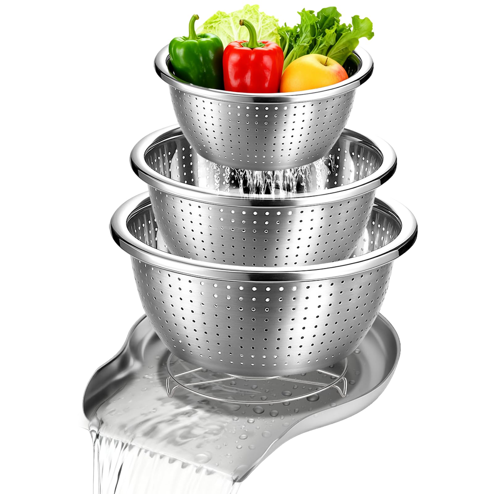 Palksky front view of three colanders on base showing tidy countertop draining