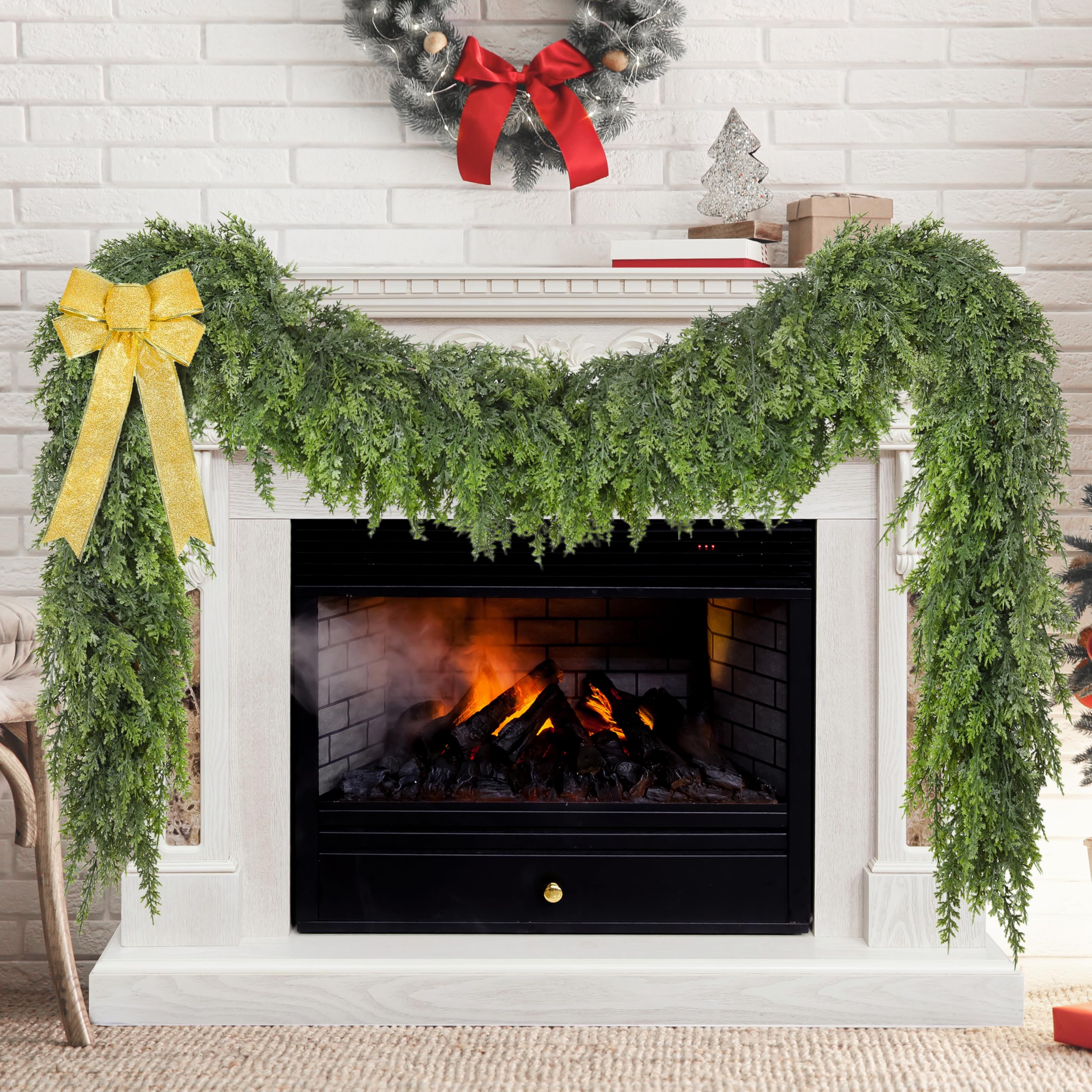 Palonu cedar garland front view showing full lush greenery and instant holiday curb appeal