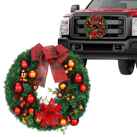 PAMASE front grille wreath mounted on truck for festive curb appeal