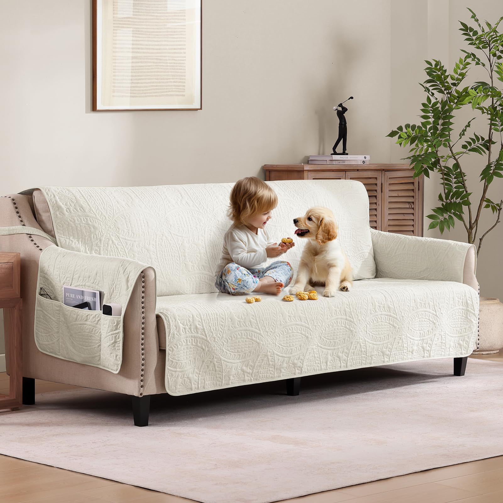 Pamhaven front view of ivory slipcover showing neat fit and protection