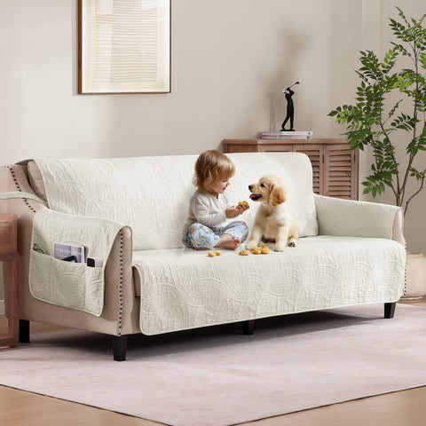 Pamhaven front view of ivory slipcover showing neat fit and protection