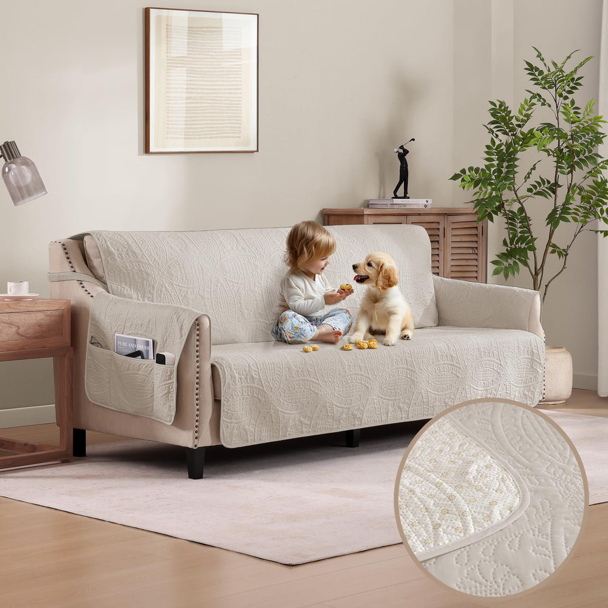 Pamhaven front view showing beige quilted cover and neat fit benefit: stylish protection