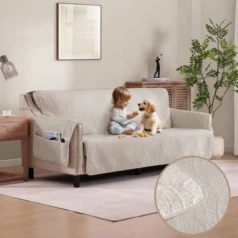 Pamhaven front view showing beige quilted cover and neat fit benefit: stylish protection
