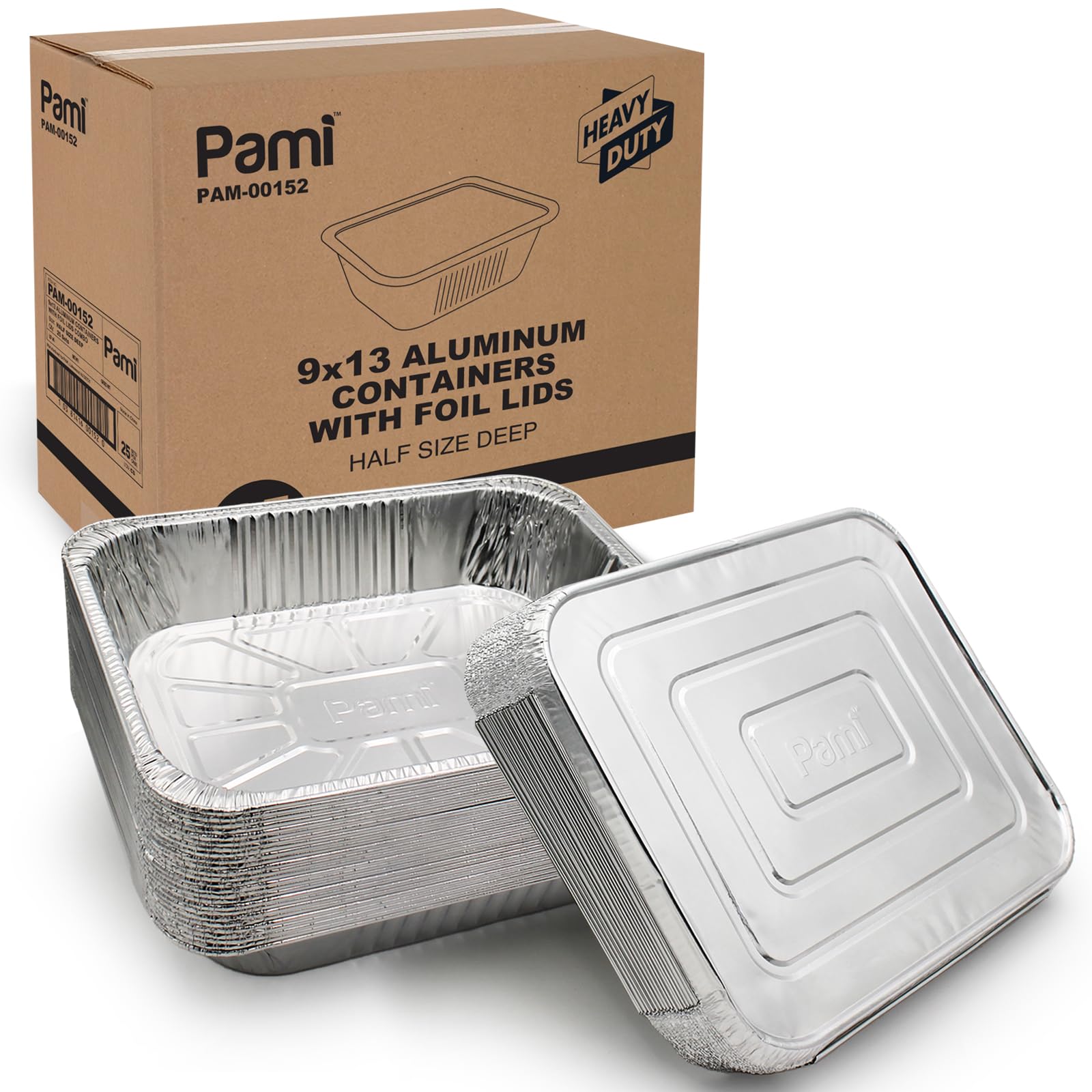 PAMI 9x13 pack front view showing included 25 heavy-duty pans and lids for convenience