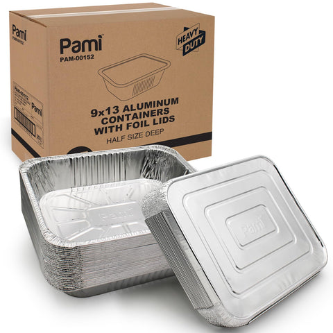 PAMI 9x13 pack front view showing included 25 heavy-duty pans and lids for convenience