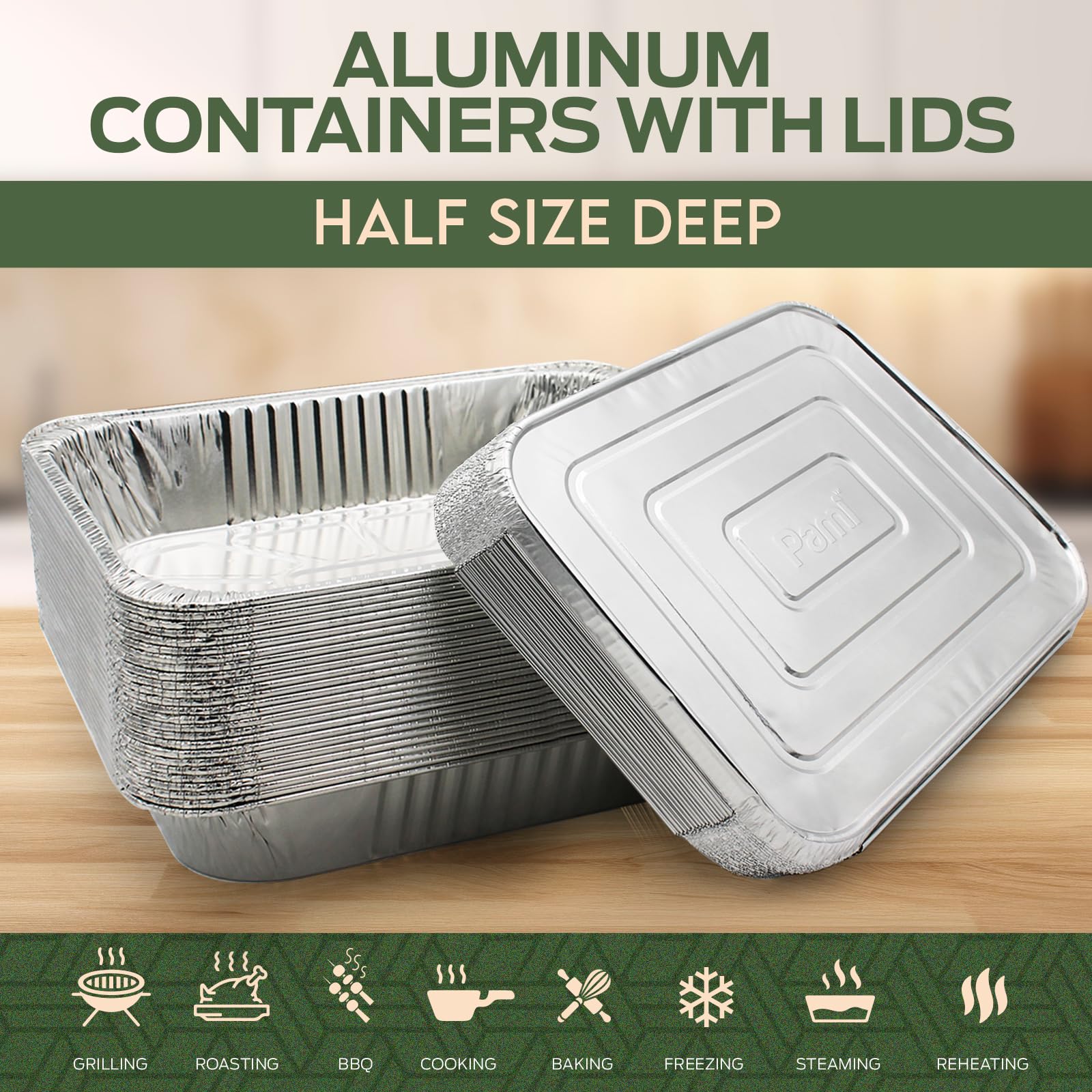 PAMI half-size pan with foil lid on countertop, secure transport and spill protection