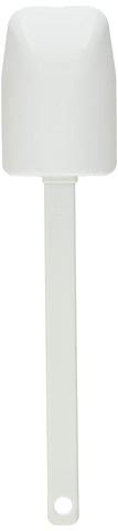 Pampered Chef scraper spatula scraping mixing bowl, flexible head removes batter cleanly and reduces waste