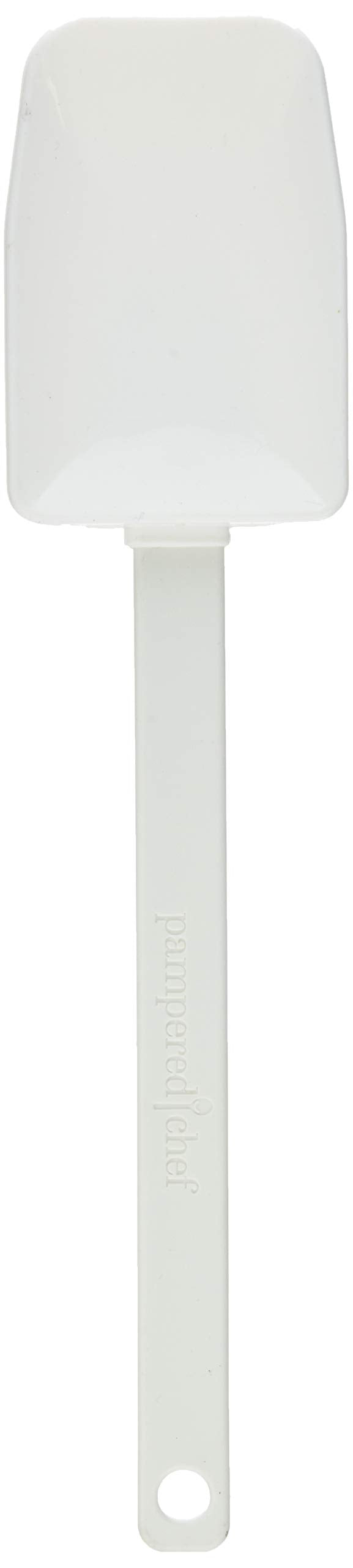 Pampered Chef scraper spatula front view showing fused silicone head and nylon handle, durable kitchen tool