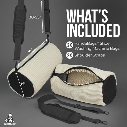 PandaBags with sneakers inside washer demonstrating safe cleaning