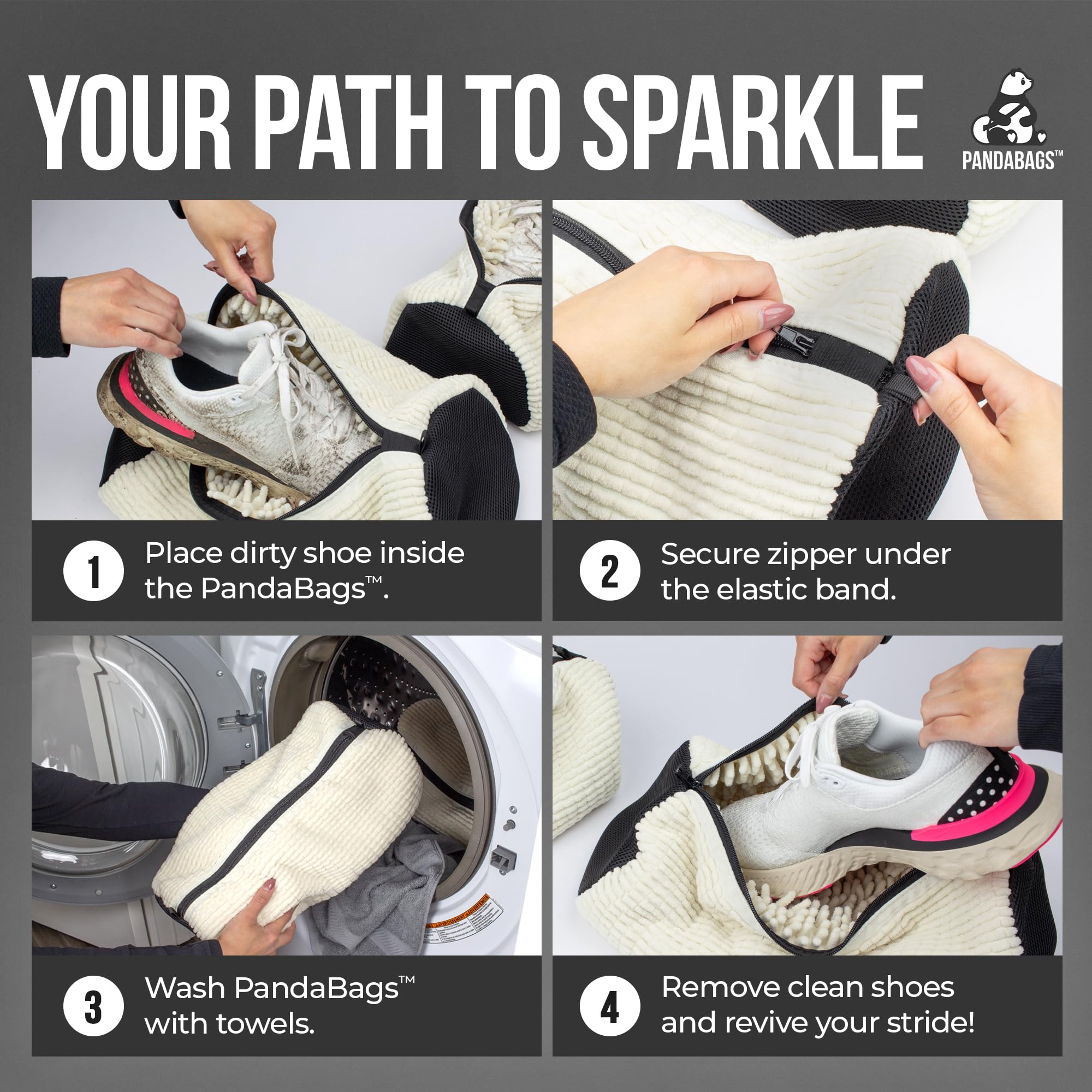 PandaBags reinforced zipper detail protecting shoes and machine