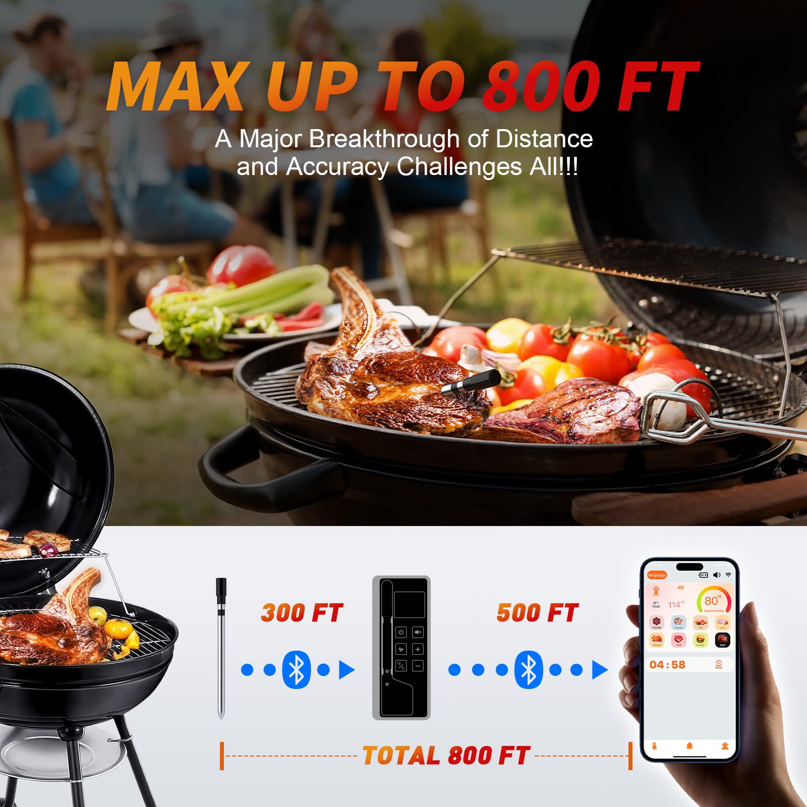 Paneceia probe inserted in steak on grill for remote cooking control