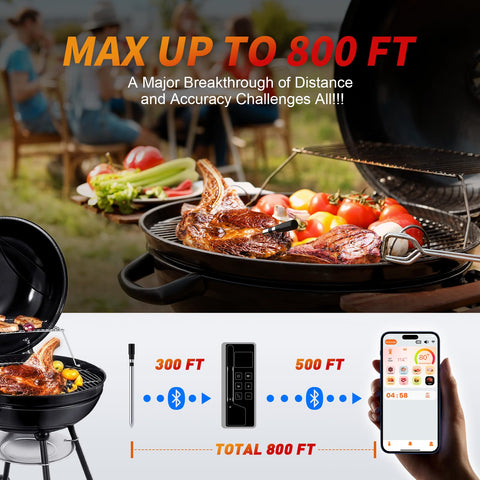Paneceia probe inserted in steak on grill for remote cooking control