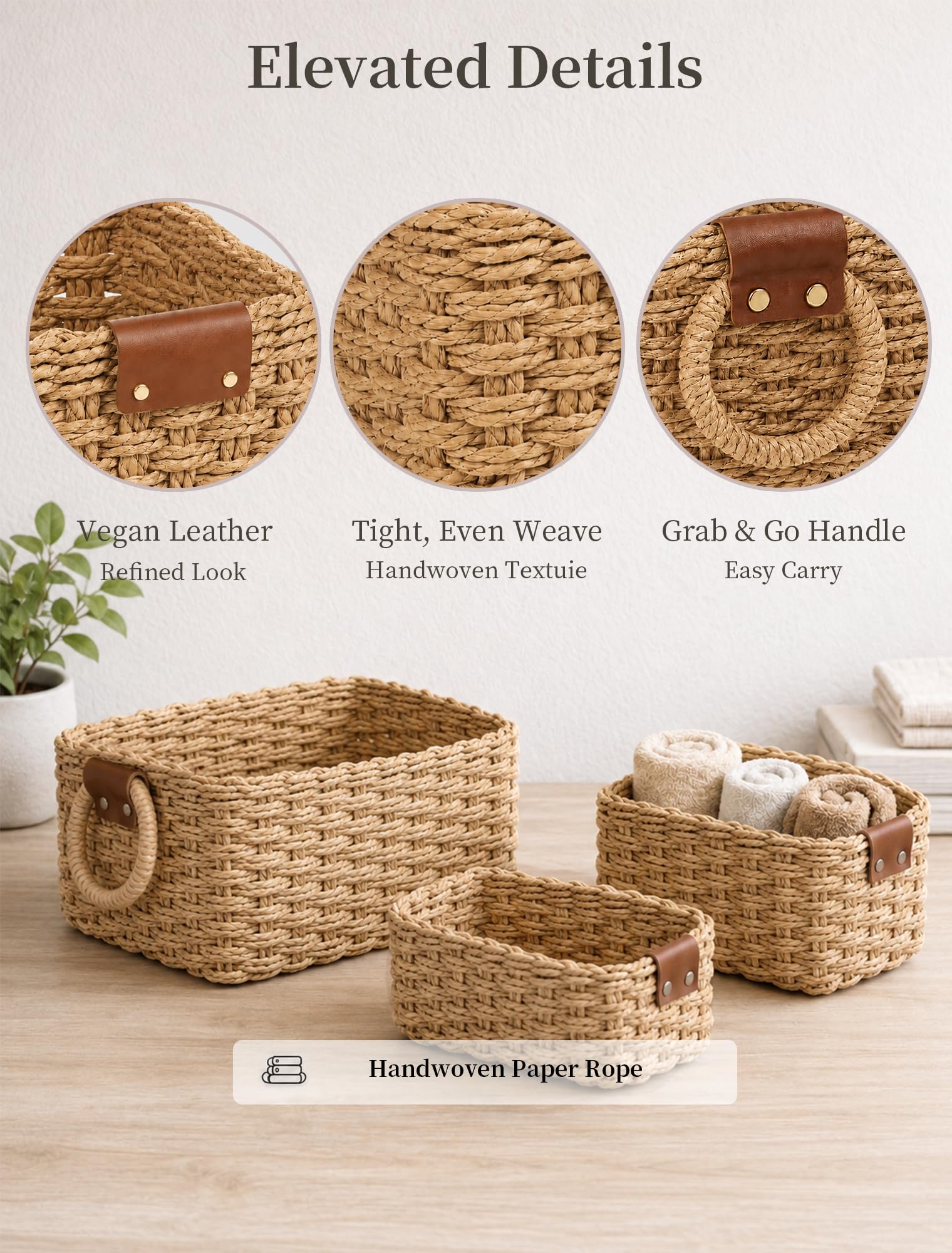 Panovox baskets on bathroom shelf demonstrating organized toiletries and neat look