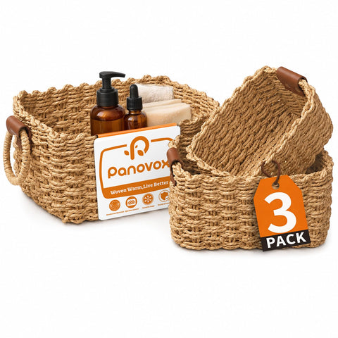 Panovox front view of three brown baskets showing coordinated set and tidy storage