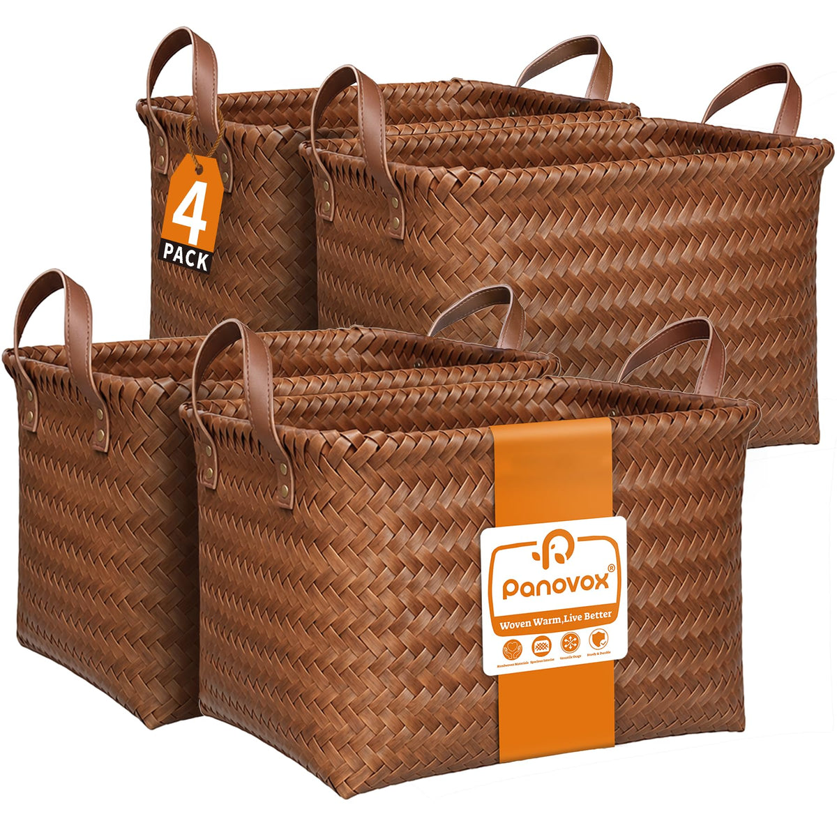 Panovox front view of four brown woven baskets showing organized styling benefit