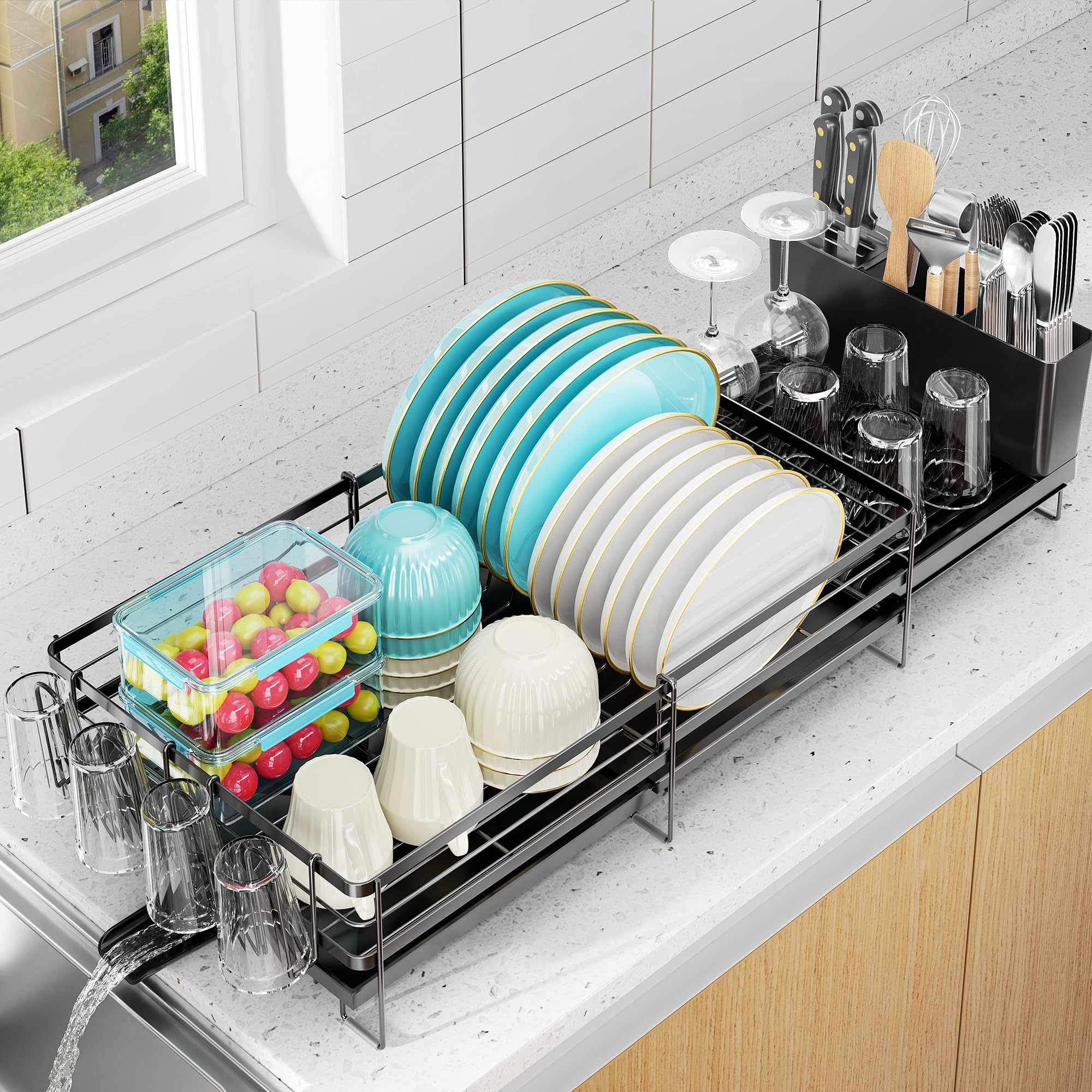 Pantasia front view expanded showing organized dishes and stable frame benefit