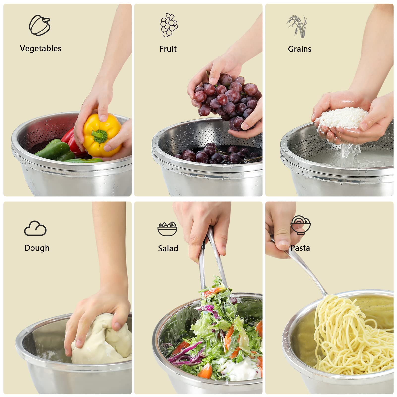 Paoli colander draining pasta into bowl to keep counters clean and organized