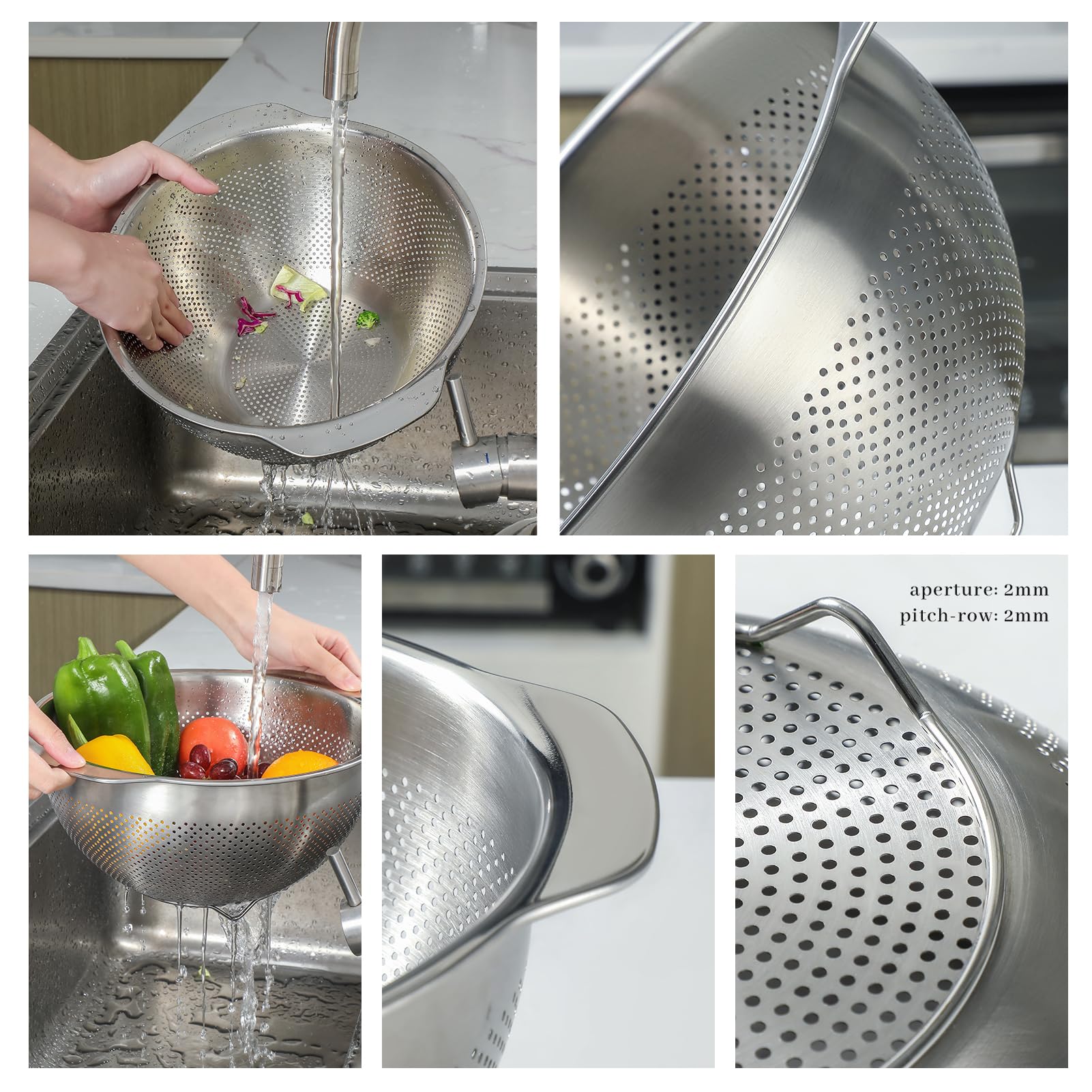 Paoli colander label and finish closeup showing 18/8 stainless durability benefit