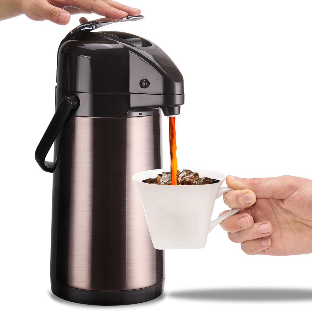 PARACITY airpot front view showing sleek stainless steel body and spout for durable service