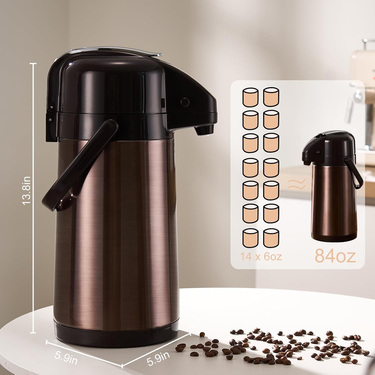 PARACITY airpot pouring coffee into a mug for quick, spill-reduced serving benefit