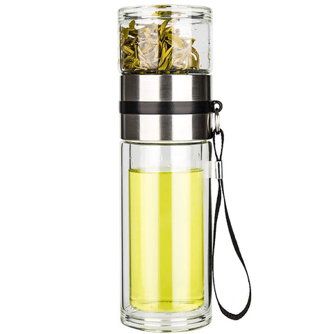 PARACITY front view showing double-wall glass bottle and secure lid for travel