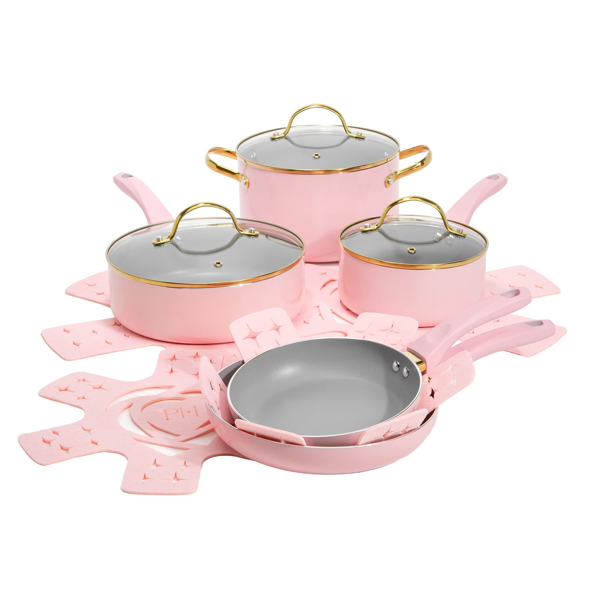 Paris Hilton front packaging showing full 12-piece pink cookware set and included lids
