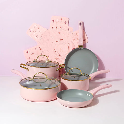 Paris Hilton lifestyle kitchen shot with pink set adding stylish, functional decor