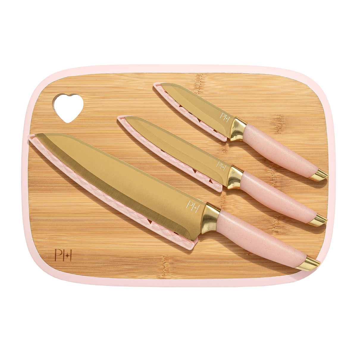 Paris Hilton front view of set showing board and three knives for stylish prep