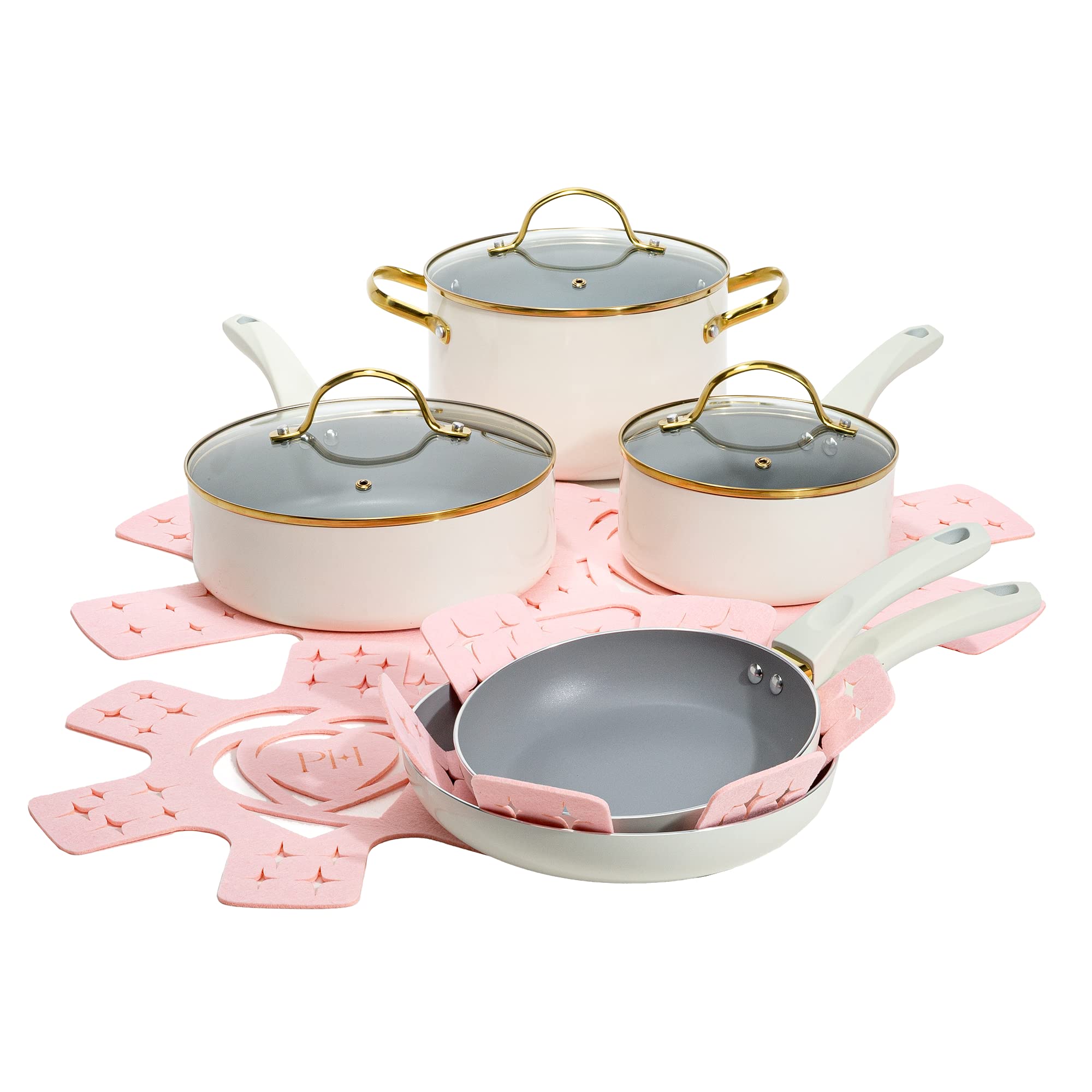 Paris Hilton front view of cream cookware set showing full package and design benefits