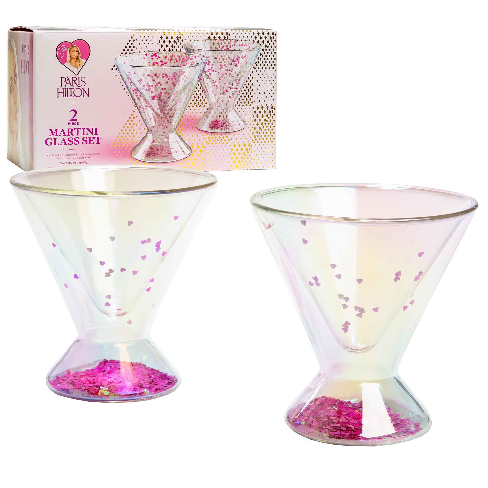 Paris Hilton front packaging showing gift-ready martini glass set and presentation