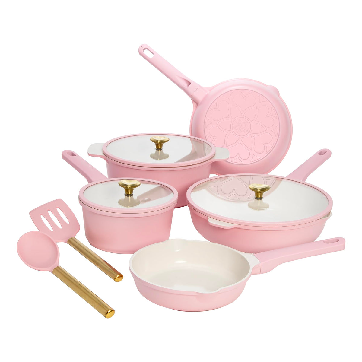 Paris Hilton cookware set front view showing pink pans and lids, stylish and functional