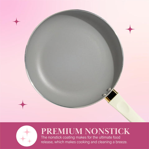 Paris Hilton arranged 12-piece set highlighting included pans, lids, and felt protectors