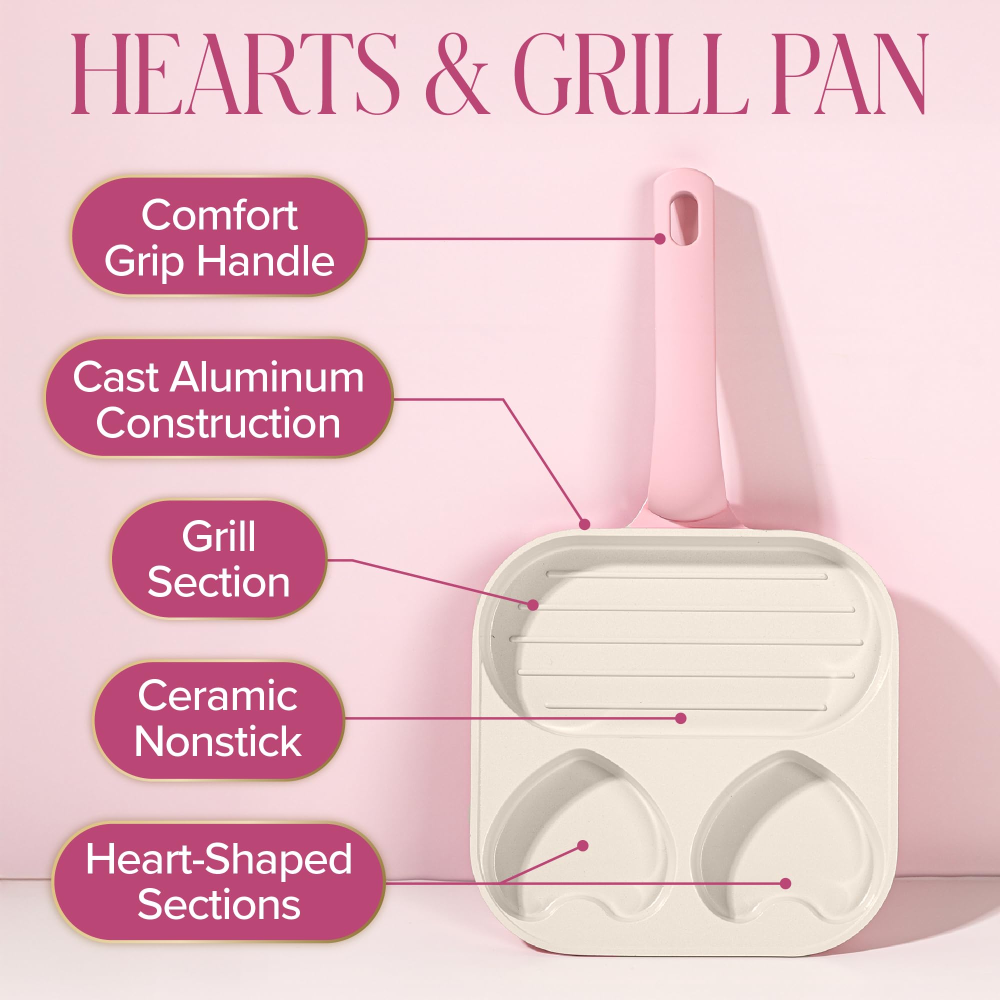 Paris Hilton close-up of heart-shaped wells highlighting ceramic nonstick for easy release